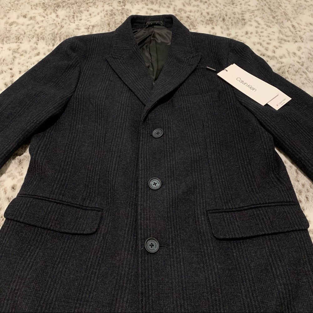 Calvin Klein Men's Malibu Slim-Fit Charcoal Plaid Overcoat - Picture 7 of 13